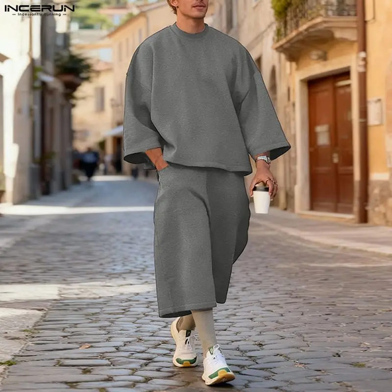 Men'S Fashion Hoodie - INCERUN 남성 세트 솔리드 컬러 배기