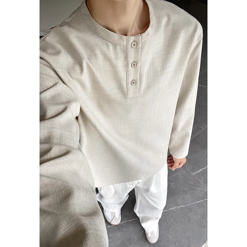 Mens Fashion Summer - 남성 캐주얼 인조 린넨 헨리 티셔츠