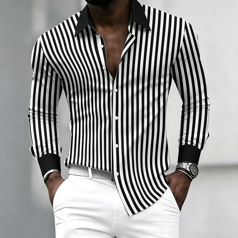 Mens Fashion Summer - 남성용 긴팔 칼라 셔츠, 흑백 세로